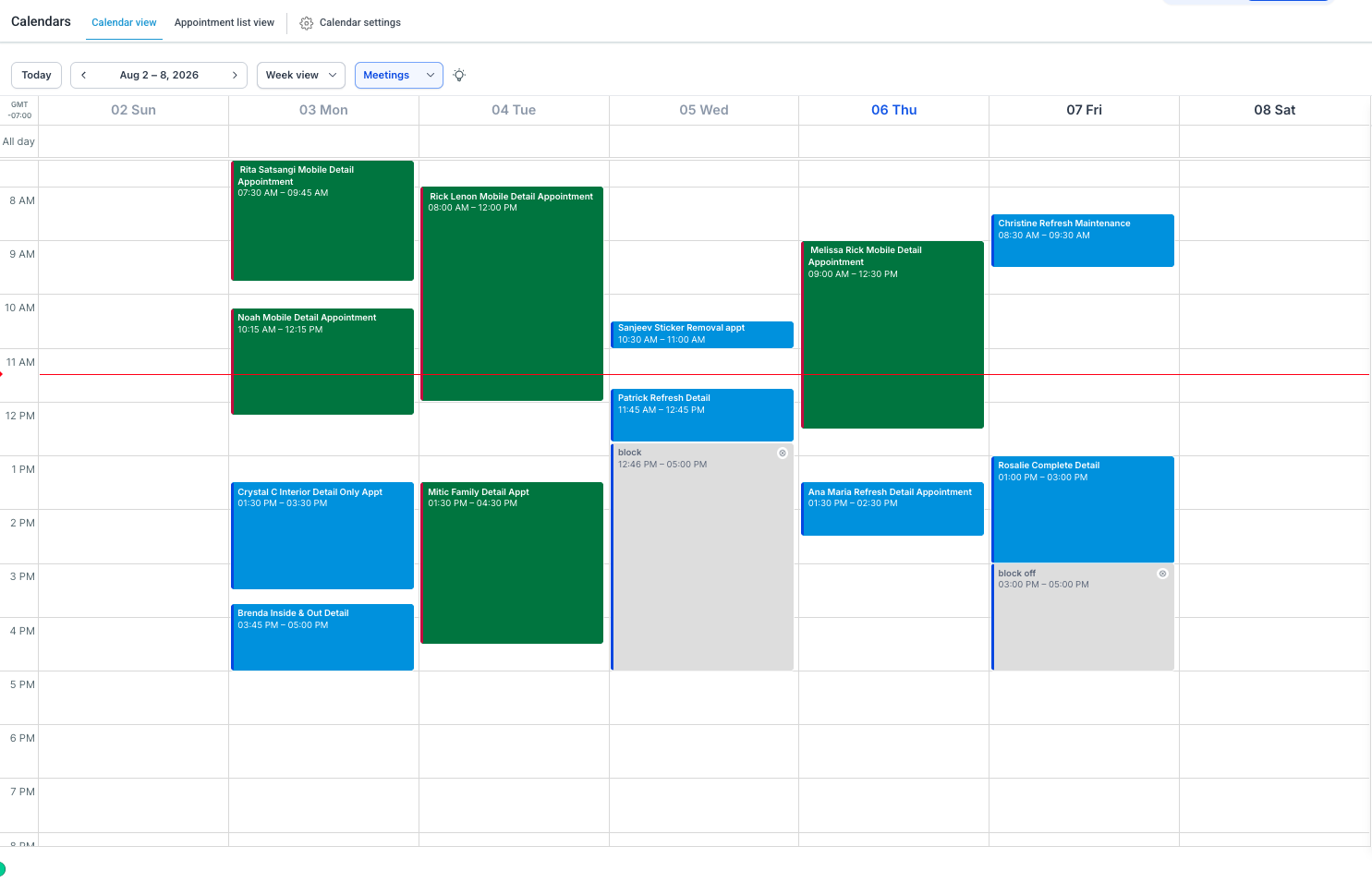Weekly booking calendar filled with prepaid detailing appointments