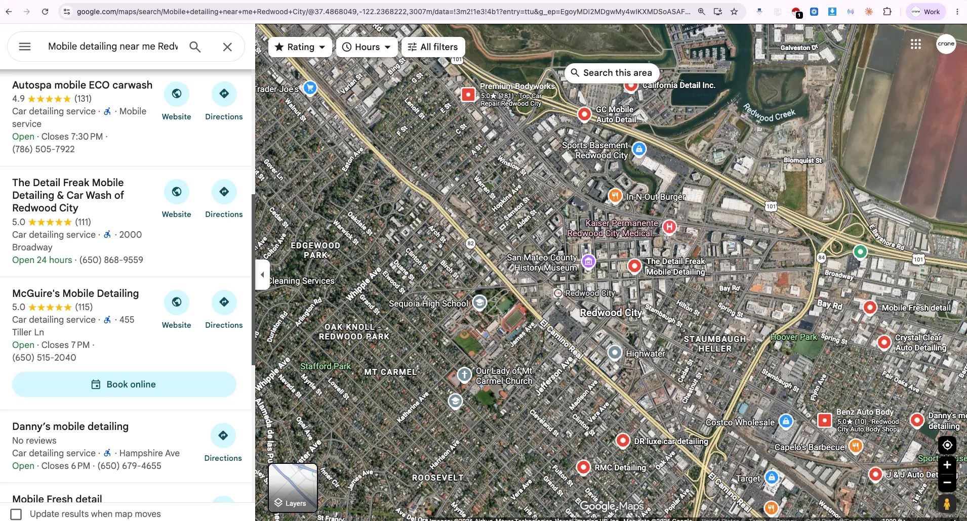 Google Maps search results showing the detail shop with a 5.0 star rating