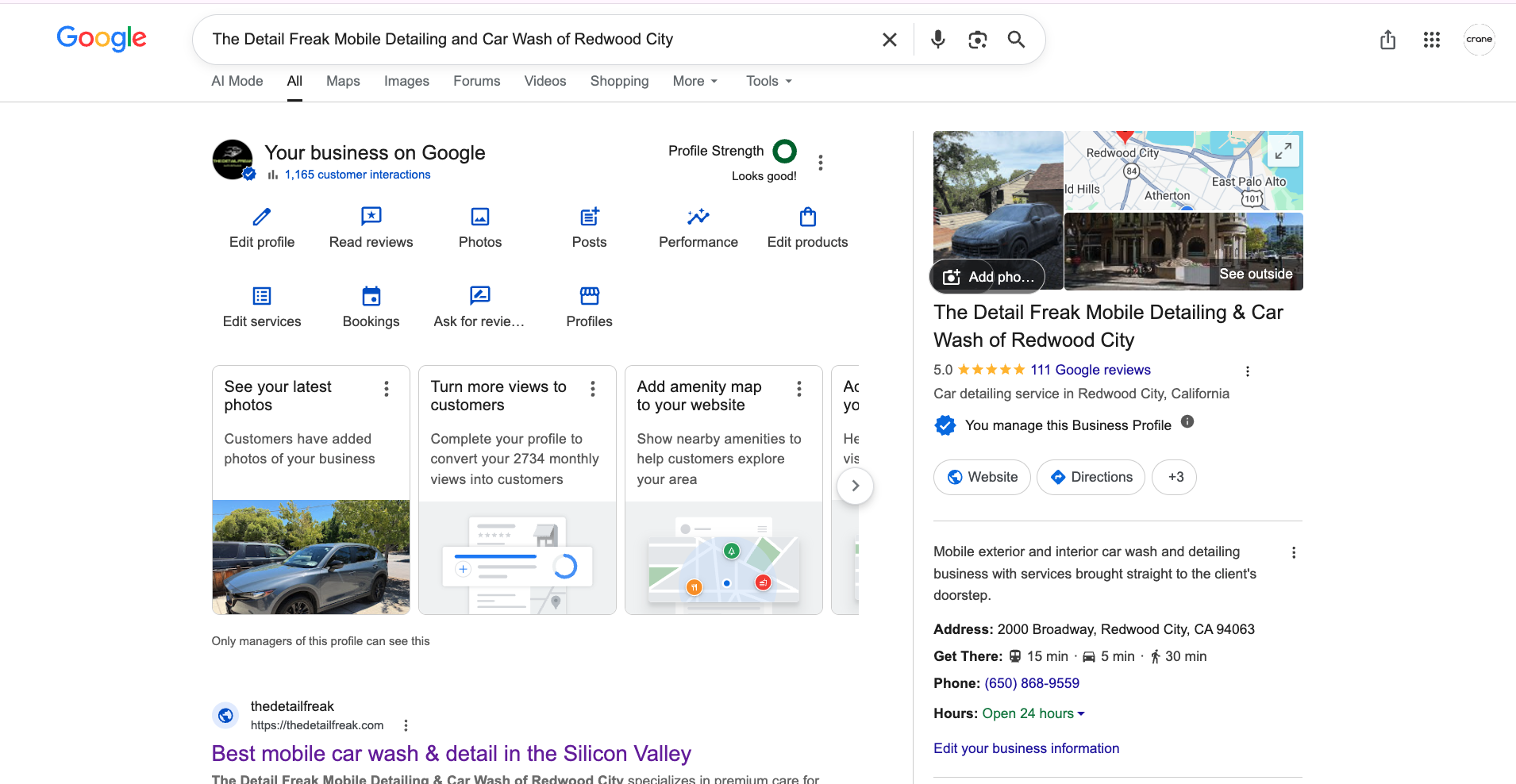 Google search results showing Menlo Auto Detailing ranking at the top of the page
